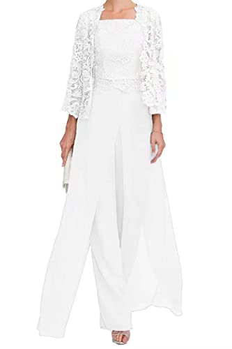 Mother of The Bride Pants Suits 3 Pieces Formal Outfit Set Evening Gowns for Women Mother of The Bride Dresses White US14