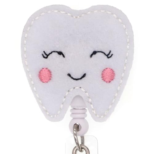 Smiling Tooth Shape Felt Badge Holder Cute Medical Retractable ID Badge Reel Gift for Nurse/Doctor/Dentist/Medical Staff