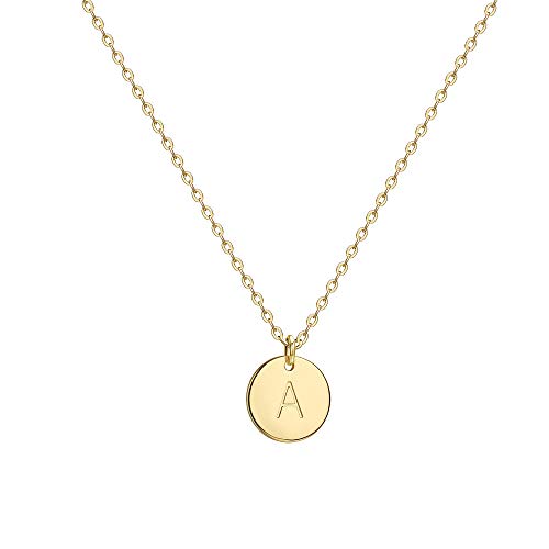 Valloey Rover Initial Necklaces for Women 14K Gold Plated Dainty Letter Necklce Round Coin Disc Pendant Double Side Engraved A Necklace Personalized Jewelry Gift for Women