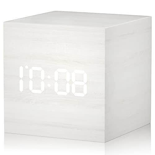 T&F Small Led Digital Alarm Clock Adjustable 3 Alarms Date and Temperature Cube Bedroom Desk Beside Table Clock Room Decor-Brown (White)
