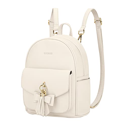 ECOSUSI Mini Backpack for Women Girls Cute Bowknot Small Backpack Purse Ladies Leather Bookbag Satchel Bag, with Charm Tassel Beige