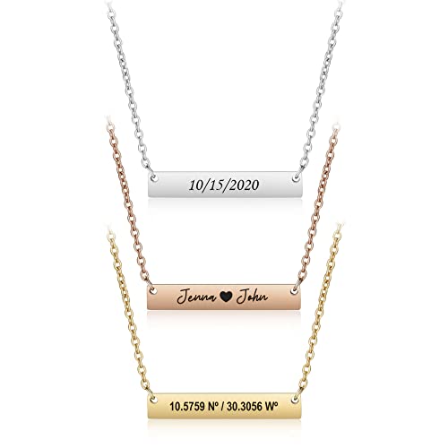Personalized bar necklace for women, custom engraved stainless steel name plate necklace gift gold, silver and rose gold for mothers day, coordinates, dates, roman numeral, friendship, christmas