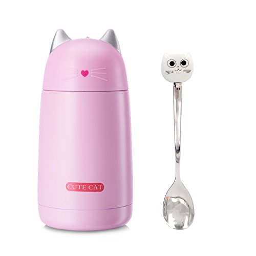 Small Cute Cat Thermos Kids Water Bottle Stainless Steel Travel Coffee Mug Portable Vacuum Flask with Collapsible Handle and Spoon Set for Kid Women Cat Lovers Gift