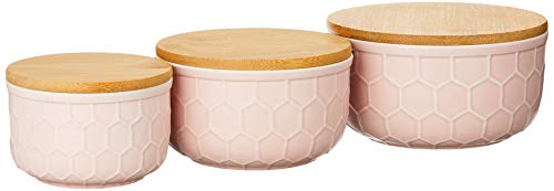 Bloomingville Set of 3 Round Pink Stoneware Bowls with Bamboo Lids