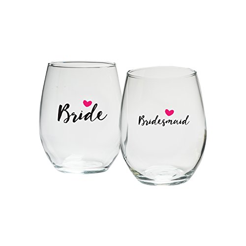 Kate Aspen Bride and Bridesmaids Pink Heart Stemless Wine Glass (Set of 4), 15 oz