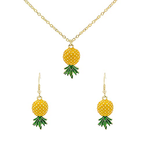 Tropical 2pcs Yellow Ruit Green Leaf Pineapple Earings Pendant Necklace Suit for Women Fashion Dangle Earings Jewellery