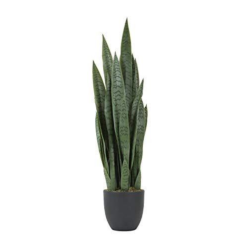 Worth Garden 3ft Artificial Snake Plant Fake Sansevieria Indoor Outdoor, 28 Thick Leaves Lifelike Faux Silk Plant, Home Decor Mother in Law Tongue Plant 35in, with Black pot & Dry Moss Included, Green