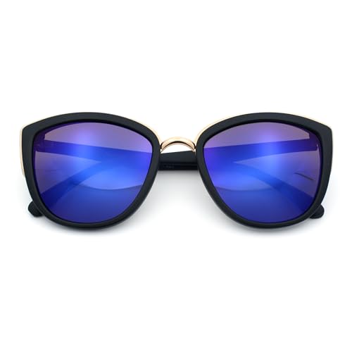 SA106 Womens Color Mirror Mirrored Lens Oversize Cat Eye Sunglasses Black Blue