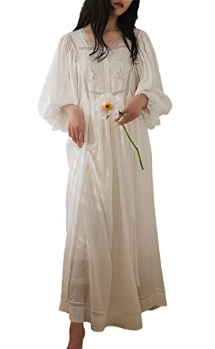 Pansleejoy Cotton Linen Nightgowns for Women Vintage Victorian Sleepwear Princess Lounge Dress White XL