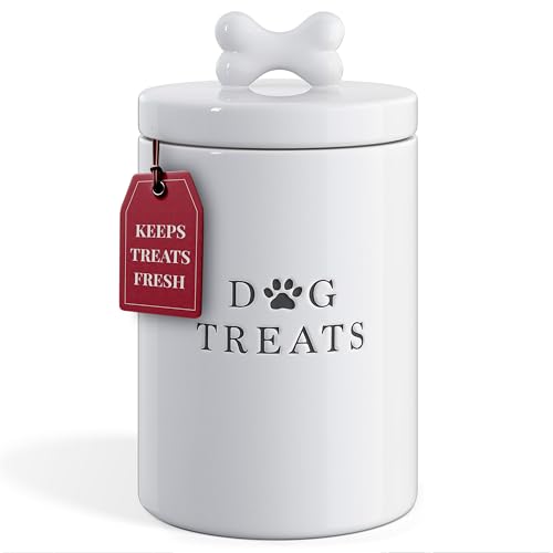 Barnyard Designs Large Dog Treat Container Airtight with Lid, Cute Dog Treat Jar, Rustic Dog Treat Storage Container, Ceramic Dog Treat Jars for Kitchen Counter, White (Dog Treats)