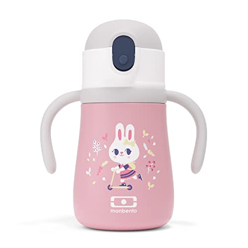MONBENTO - Kids Insulated Water Bottle MB Stram Bunny - 12 Oz - Leakproof Water Bottle with Straw - Strap & Handles - Hot/Cold Up to 12 Hours - for Kids School/Park - BPA Free - Food Grade Safe - Pink