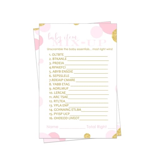 Pink and Gold Baby Shower Word Scramble Game Cards (25 Pack) Baby Shower Games for Girls, Cute Guest Party Game Ideas, Unique Favors or Décor, Fun Unscramble Activity Baby Shower Game Planning