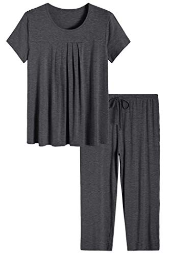 Latuza Women's Pajamas Pleated Loungewear Top and Capris Pjs Set S Dark Gray