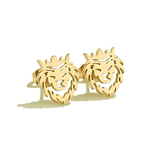 Minimalist Lion Head Stud Earrings Stainless Steel Hollow Animal Crown Pierced Studs Earring Fashion Jewelry for Women Teen Girls Bff Hypoallergenic (Gold)