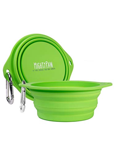 Mighty Paw Travel Dog Bowl Set - Silicone Food - Water Bowls - Bonus Carabiner Clip - Ideal for Hiking - Camping - Lightweight - Leak-Proof - Collapsible Dog Bowl with Lid - Green - 2 Pack (27 Oz)