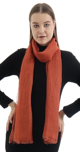 Exclusive Handcraft Natural Flax Linen, Solid Color, Light, Airy All Weather Scarf. (Burnt Orange).X2468