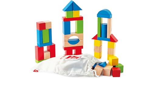 Maple Wood Kids Building Blocks by Hape | Stacking Wooden Block Educational Toy Set for Toddlers, 50 Brightly Colored Pieces in Assorted Shapes and Sizes