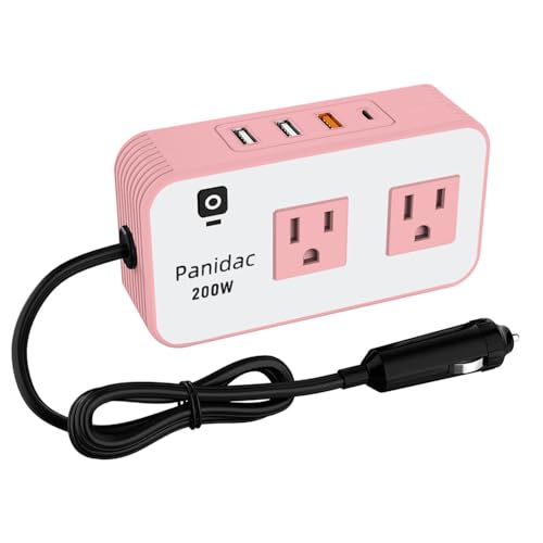 Compact 200W Car Power Inverter - 12V to 110V Car Plug in Adapter Outlet with Fast USB-C/QC, Dual USB 2.4A, and AC Ports - Ideal Power Inverter for Car Cigarette Lighter (Pink)