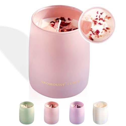 Cranberry Rose Scented Candle with Crystal Inside, Healing Rose Quartz Crystal Candle and Dried Flowers, 10oz Soy Wax 55 Hours Long Lasting Burn | Love