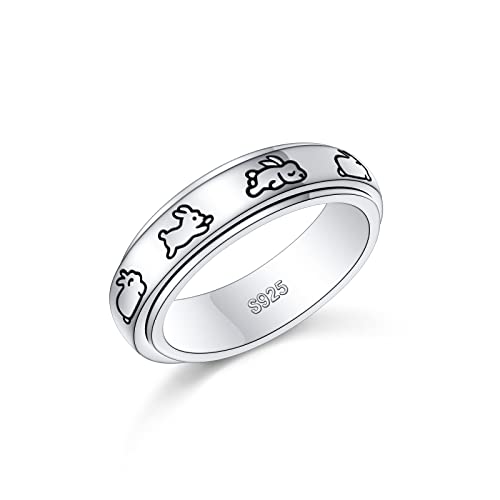 JZMSJF S925 Sterling Silver Bunny Spinner Rings for Anxiety Fidget Relief Boredom ADHD Autism Band Women Daughter Size 9
