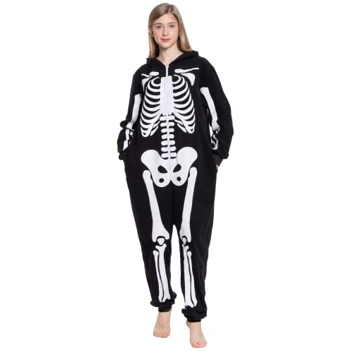JAZGROM Skeleton Onesie Pajama for Men Women Plush Skeleton Jumpsuit Halloween Sleepwear Costume Hoody Pajama for Adult Black