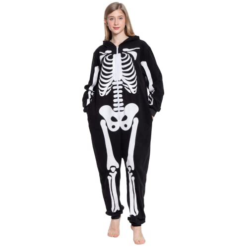 JAZGROM Skeleton Onesie Pajama for Men Women Plush Skeleton Jumpsuit Halloween Sleepwear Costume Hoody Pajama for Adult