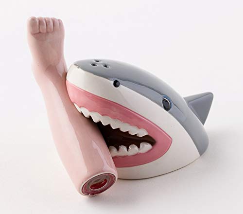 One Hundred 80 Degrees Aurrra Ceramic Shark and Foot Salt and Pepper Shaker Set, 3.75 Inches, Grey/Pink/White