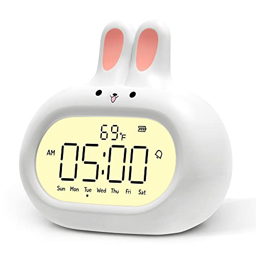 Rabbit Digital Alarm Clock with Day of Week Display, Cute Design Bunny Look, Easy Setting, Snooze, Night Light, Thermometer, Rechargeable, Kawaii Decor for Bedroom, Bedside, Adult, Kid, Gift, White