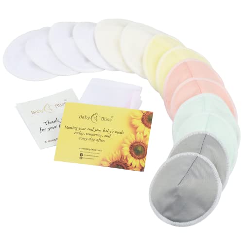 Bamboo Viscose Nursing Pads - 14 Washable Pads with Wash and Storage Bags - Breastfeeding Nipple Pads for Maternity - Reusable Breast Pads for Breastfeeding (Pastel Touch, Large 4.7”)