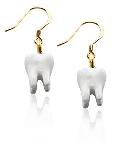 Whimsical Gifts Handpainted Dental Tooth Charm Earrings | Handmade in USA | Antique Gold Finish| French Wire Hooks | Lead-free Pewter