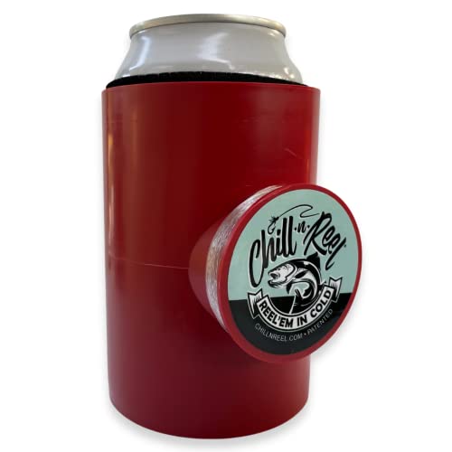 Chill-N-Reel Fishing Can Cooler (from Shark Tank) | Hard Shell Drink Holder with Hand Line Reel Attached | Fits Any Standard Insulator Sleeve or Coozie | Unique Fun Fishing Gift (Crimson Classic)
