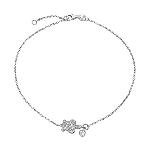 Nautical Tropical Vacation Honeymoon CZ Accent Turtle Anklet Ankle Bracelet For Women .925 Sterling Silver 9-10 Inch