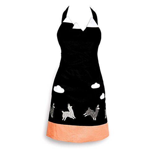 Cotton Women's Fashion Kitchen Bib Apron, Leaping Llamas, Black, White, Peach by Kitsch'n Glam