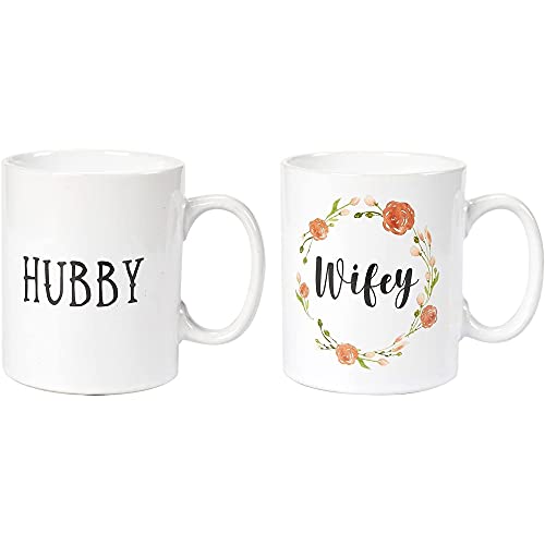 BLUE PANDA Ceramic Coffee Mug Set, 2-Pack - Wifey and Hubby, Large Stoneware Tea Cup with Floral Design, Novelty Gift for Wedding, Couples, White, 16 Ounces