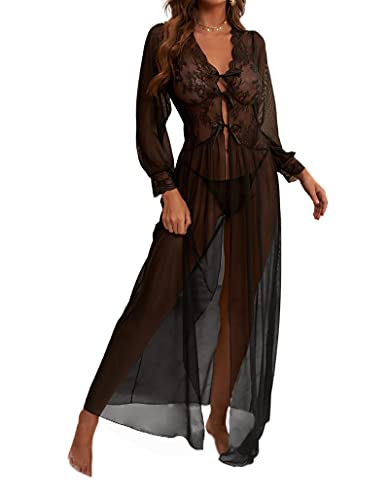 LittleLittleSky Womens Sheer Long Sleeve Lace Robe Gown Long Dress with Thong ((US 6-10) M)