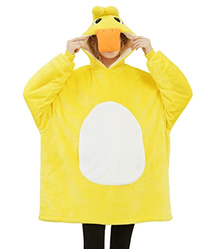 Lovemonster Unisex Cute Yellow Duck Cosplay Animal Pajamas Cozy Flannel Sherpa Pullover Adult Christmas Halloween Costume