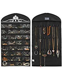 MISSLO Jewelry Hanging Non-Woven Organizer Holder 32 Pockets 18 Hook and Loops - Black