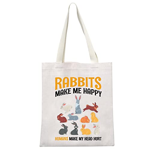 MEIKIUP Cute Rabbits Tote Bag Rabbit Lover Gift for Women Bunny Themed Gift for Bunnie Lovers Bunny Mom (RABBITS MAKE HAPPY Bag)