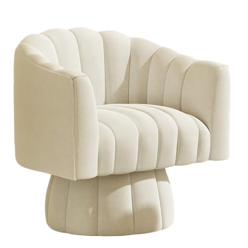 Accent Chair Mid Century 360 Degree Swivel Chair,Modern Lounge Sofa Round Barrel Chair with Wide Upholstered,Fluffy Velvet Fabric Chairs for Home Sofa Living Room/Bedroom/Waiting Room (Beige)