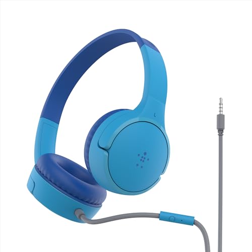 Belkin SoundForm Mini Kids Wired Headphones with Built-in Microphone & Fun Stickers, 85dB Safe Volume Limit – for Online Learning, Travel, Compatible w/iPhone 15, iPad, Galaxy S23, & More - Blue