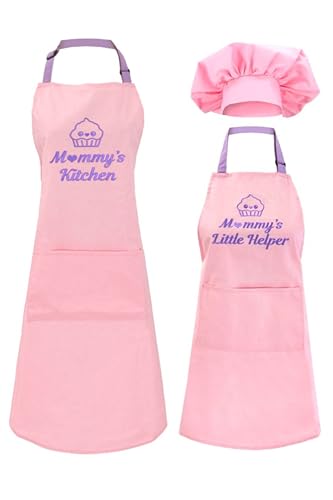 Littlebit & Vix Mommy and Me Mother Daughter Matching Aprons Gift Set with Chef Hat for Kitchen Cooking and Baking - Mom and Kid Apron, Pink, One Size
