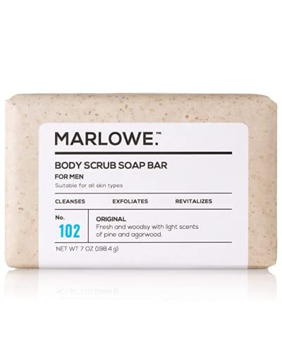 MARLOWE. No. 102 Men's Body Scrub Soap 7 oz, Fresh Original Woodsy Scent, Best Exfoliating Bar for Men, Made with Natural Ingredients, Apricot Seed Powder, Shea Butter, Olive Oil, Green Tea Extracts