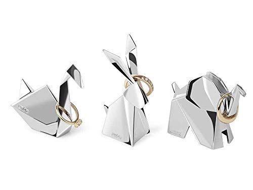 Umbra 1010123-158 Origami Ring Holder (3-Pack), Rabbit, Swan and Elephant Metal Ring Storage and Display for Jewelry, Chrome