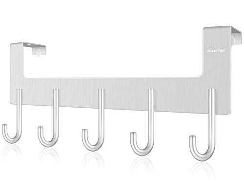 ACMETOP Over The Door Hooks, Over The Door Hanger, Heavy Duty Aluminum Over The Door Towel Rack Hooks for Hanging Coat, Bag, Robe - 5 Hooks, Brush Finish (Matte Silver 1Pcs)