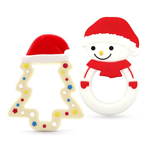 Teething Toys for Babies, PAPACHOO 2 Pack Christmas Soft Silicone Baby Soothing Teether Chew Toys Xmas Present(Christmas Tree & Snowman)