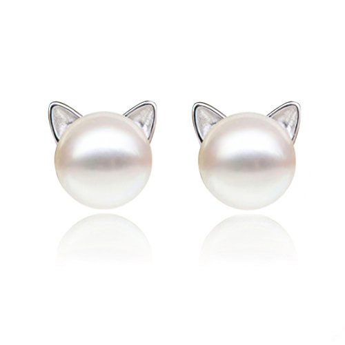 S.Leaf Cat Earrings Pearl Earrings Sterling Silver Earrings for Women Cat Memorial Gifts Cat Gifts for Cat Lovers