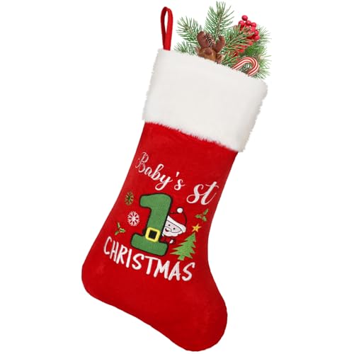 Baby First Christmas Stocking 20 Inch My 1st Christmas Stocking Red Newborn Christmas Stocking Decorations Baby's First Christmas Ornament for Baby Boys and Girls 2024 Newborn Christmas Party Gifts