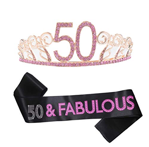 50th Birthday Pink Tiara and Sash, Happy 50th Birthday Decorations Party Supplies Favors, 50 & Fabulous Satin Sash and Rhinestone Birthday Crown for 50th Birthday Party Supplies 50th Birthday Cake