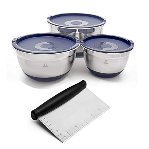 Chef Pomodoro 3-Piece Mixing Bowls and Baking Essentials Prep Bundle - Bench Scraper and Mixing Bowls to Make Homemade Pizza Dough