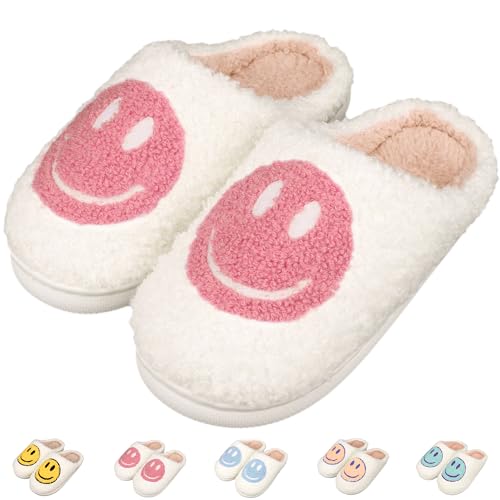 ZICKYO Kids Slippers Girls Cute Happy Face House Slippers Warm Soft Plush Non-Slip Indoor Outdoor Slip-on Shoes White Pink 12-13 Little Kid